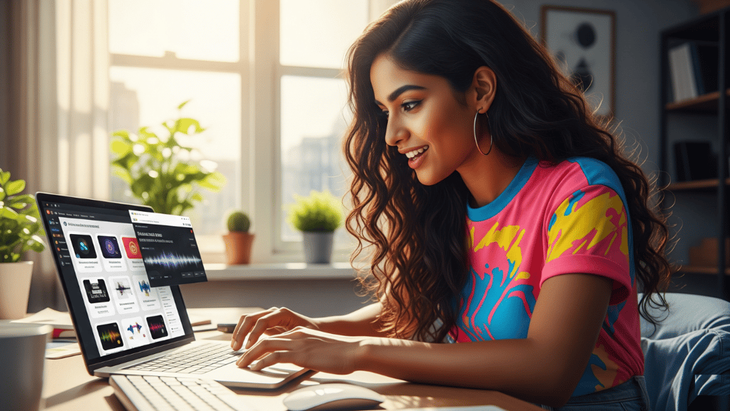 Person choosing AI voice tools on a laptop.