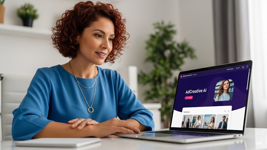 Woman using AdCreative AI on laptop.