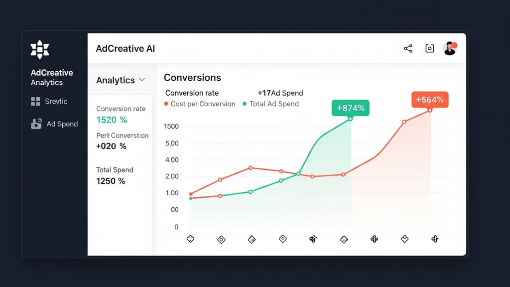 AdCreative AI analytics dashboard showing conversion and ad spend trends.