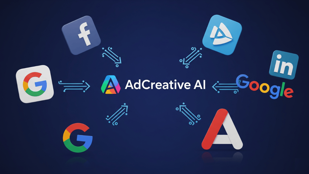 AdCreative AI logo connecting to Facebook, Google, and LinkedIn logos.