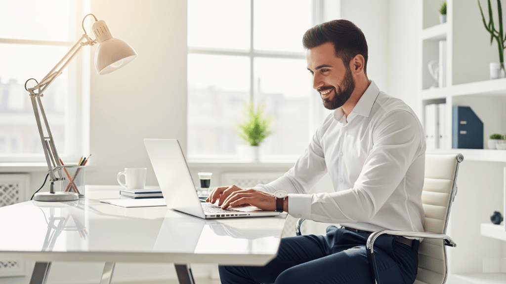Smiling entrepreneur working on laptop in modern office.