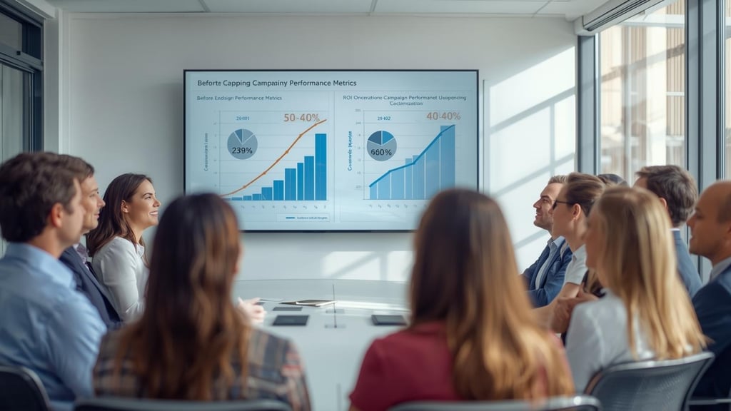 Business team celebrating improved ROI from AI-powered ad design campaigns