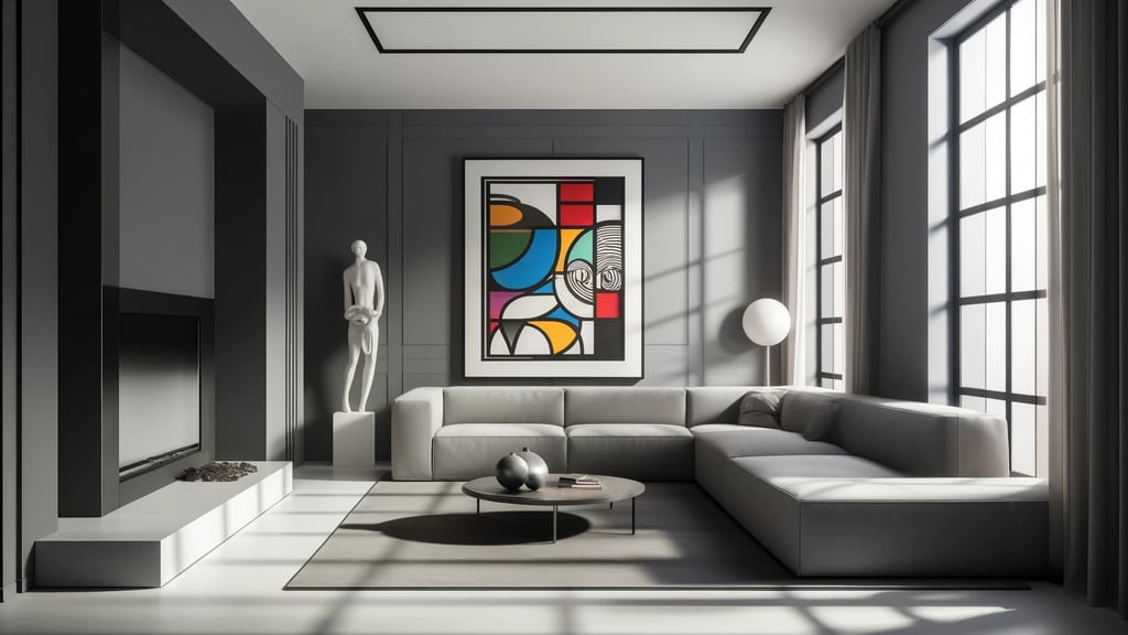 Interior de casa brasileira moderna com paredes cinzas, mobiliário minimalista e decoração elegante,