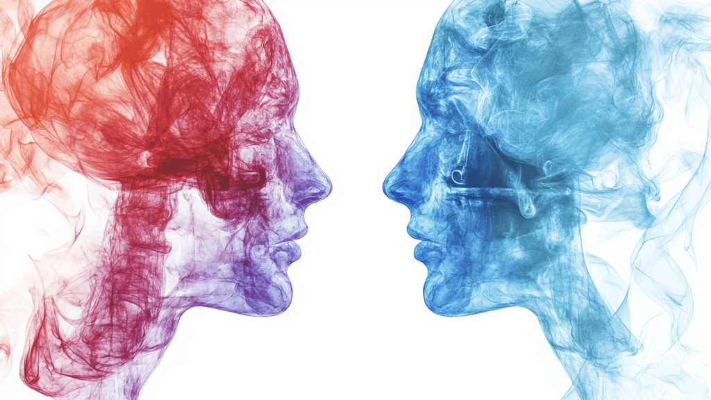 two headshote of two people facing each other