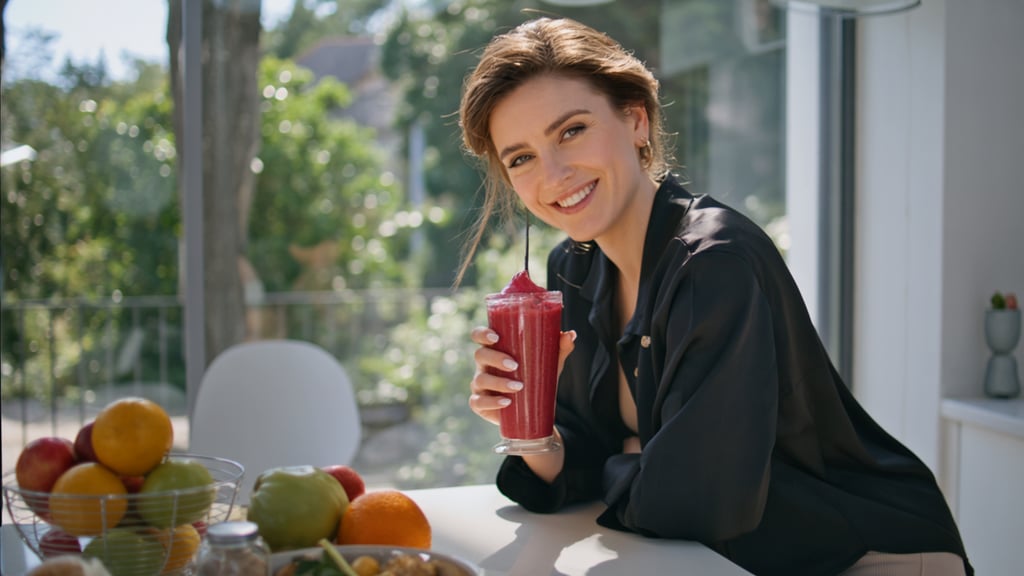 a woman holding a smoothie in front of a table