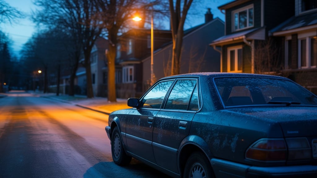Coche estacionado en una calle nevada al anochecer, iluminada por las farolas del vecindario.
