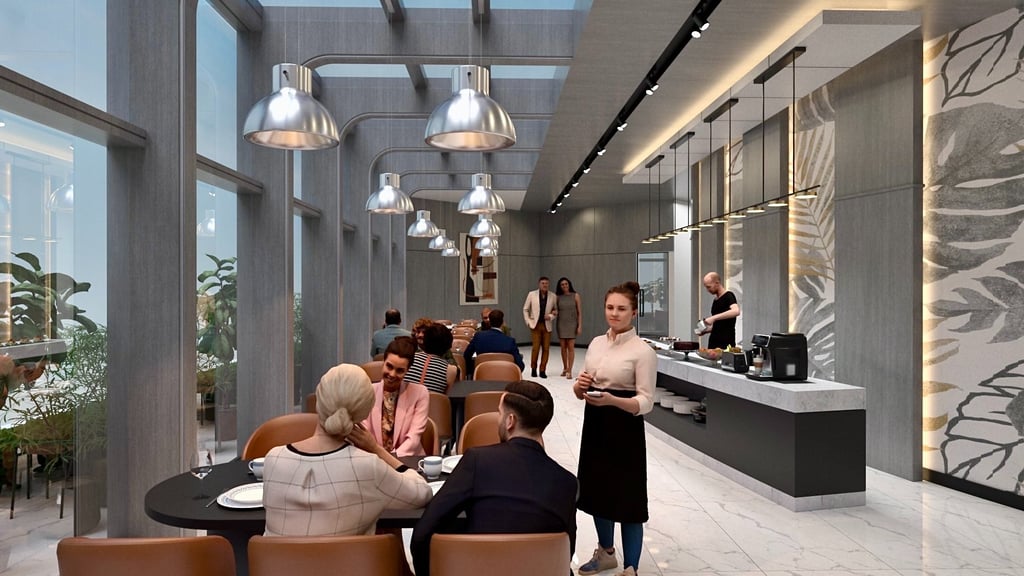 3D-rendered restaurant with natural lighting, stylish décor, and a lively ambiance – by SketchyCAD.