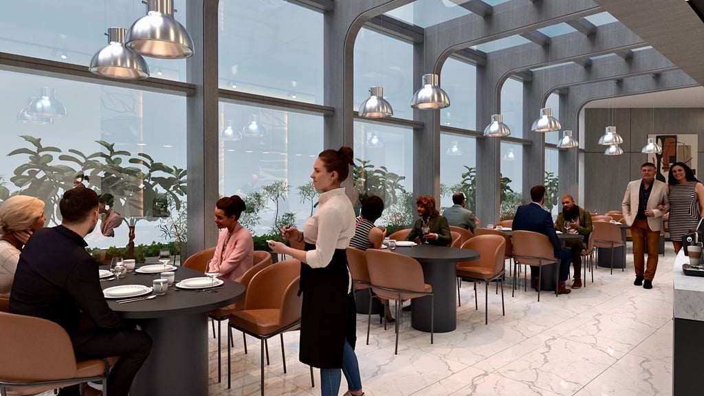 3D-rendered upscale restaurant with large windows, elegant lighting, vibrant ambiance –by SketchyCAD