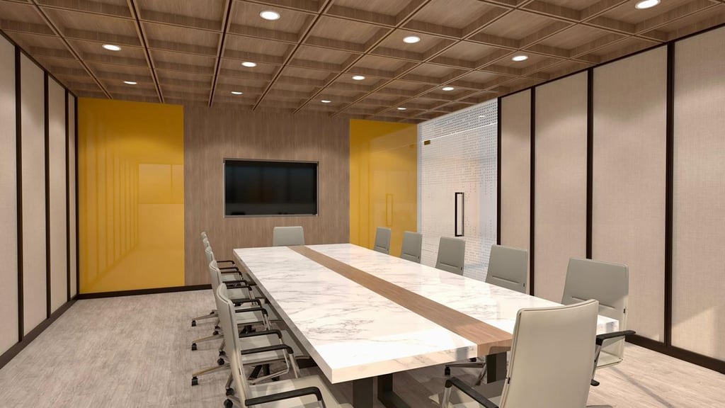 3D-rendered modern conference room with a marble-top table & chairs, wooden ceiling -by SketchyCAD