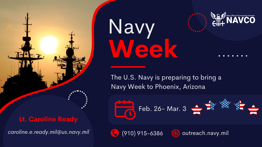 a navy ship with a navy flag on it, a flier made up with the information listed below