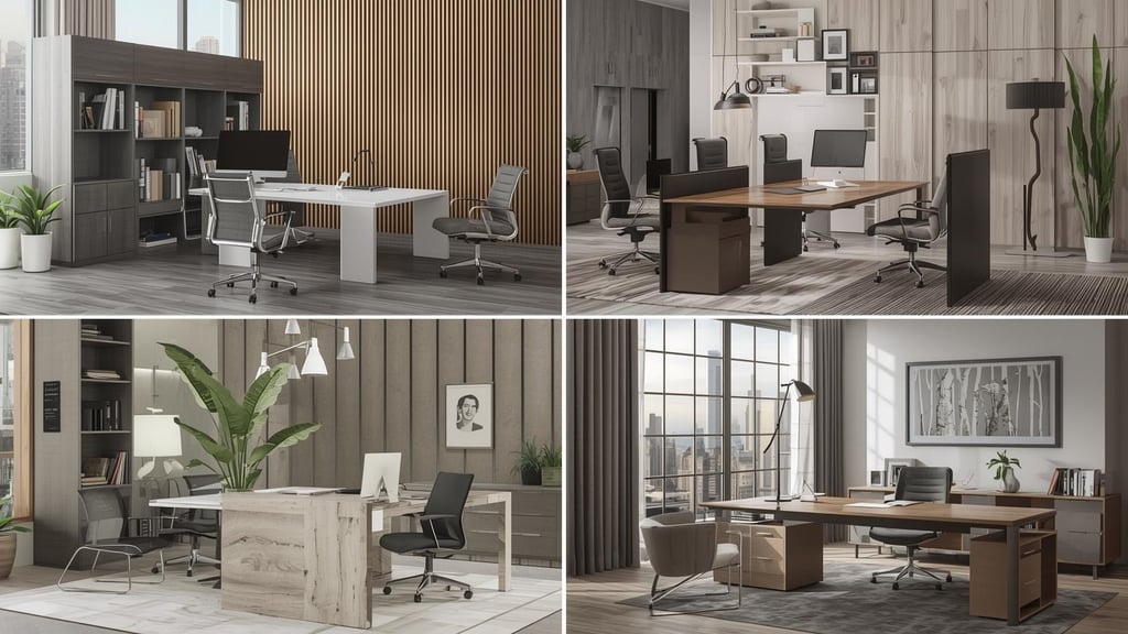 a collage of a variety of office furniture