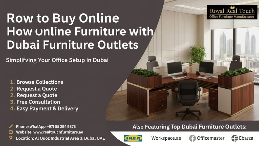 A professional marketing banner for Royal Real Touch Office Furniture. The image features a modern, 