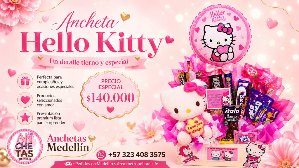 Flyer publicitario de una ancheta Hello Kitty con globo de cumpleaños