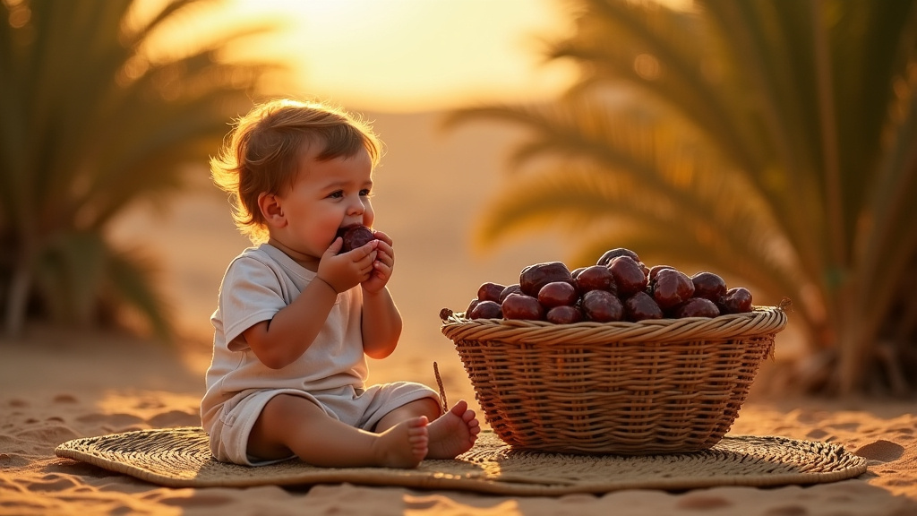 Uma criança simbolizando uma geração futura comendo Tâmaras