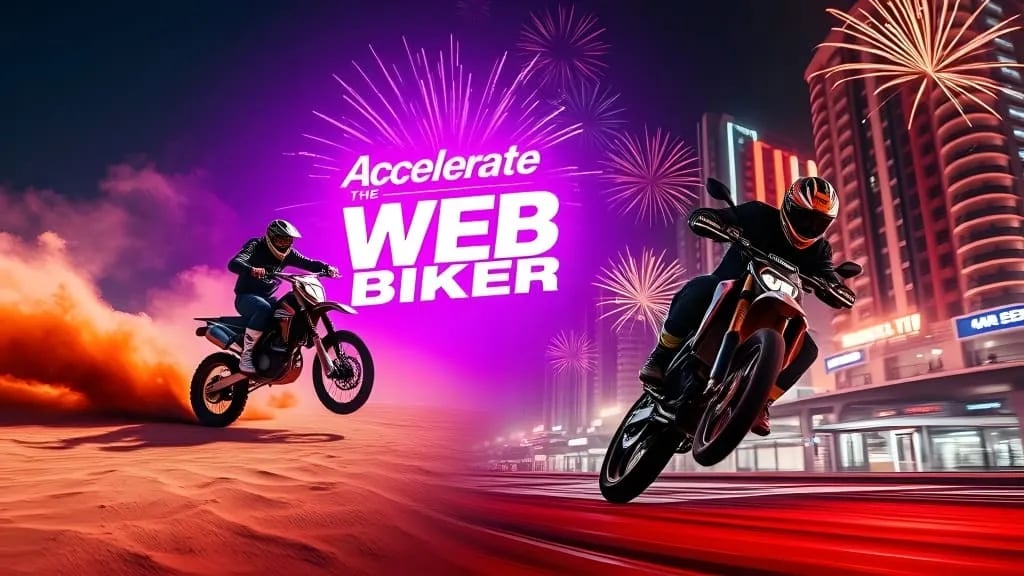 two people riding motorcycles in front of fireworks