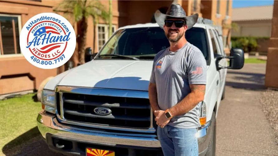 Mike from At Hand Heroes in front of the company truck in Peoria AZ, first responder home repairs