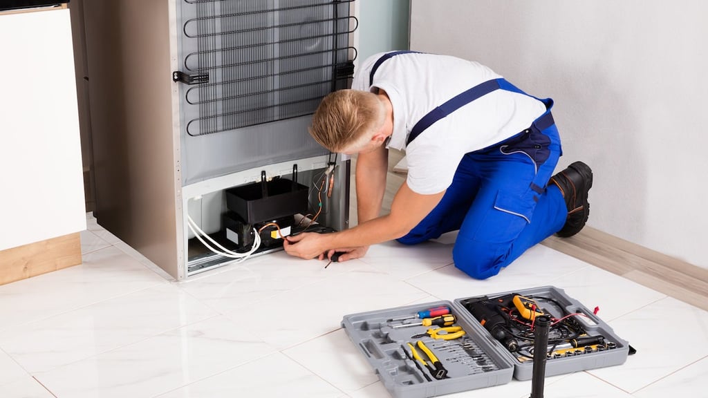 a technician repairing a compressor of a refrigerator
