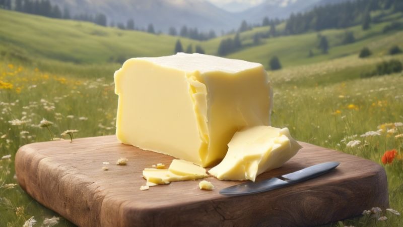 une grosse motte de beurre devant un paysage bucolique