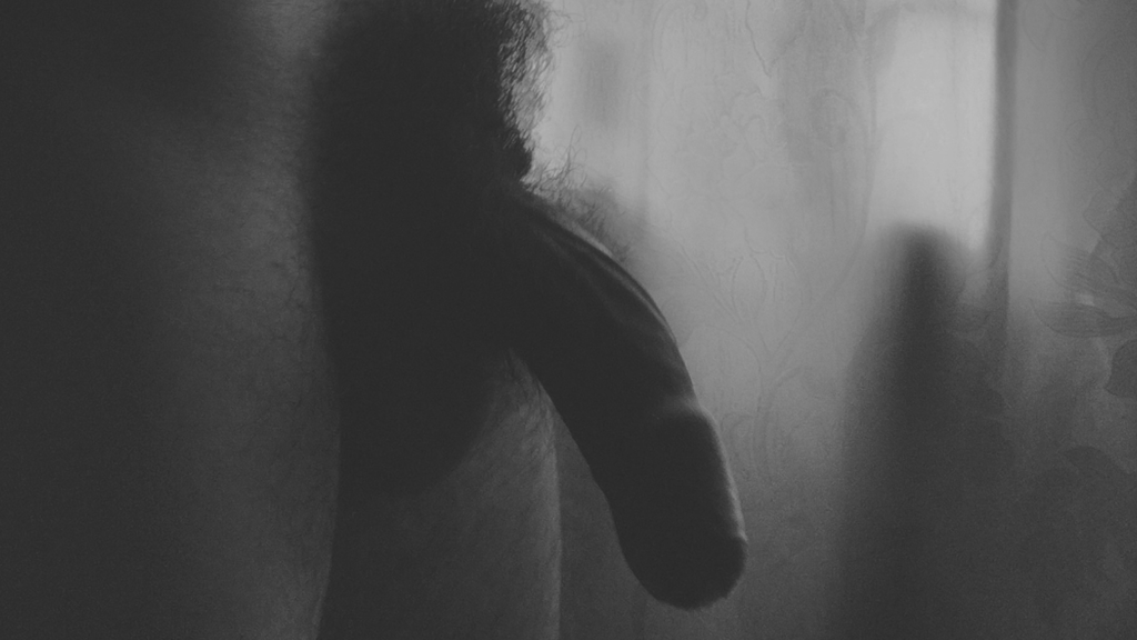 Imagen abstracta en blanco y negro del pene de un hombre tras una cortina con diseño floral.