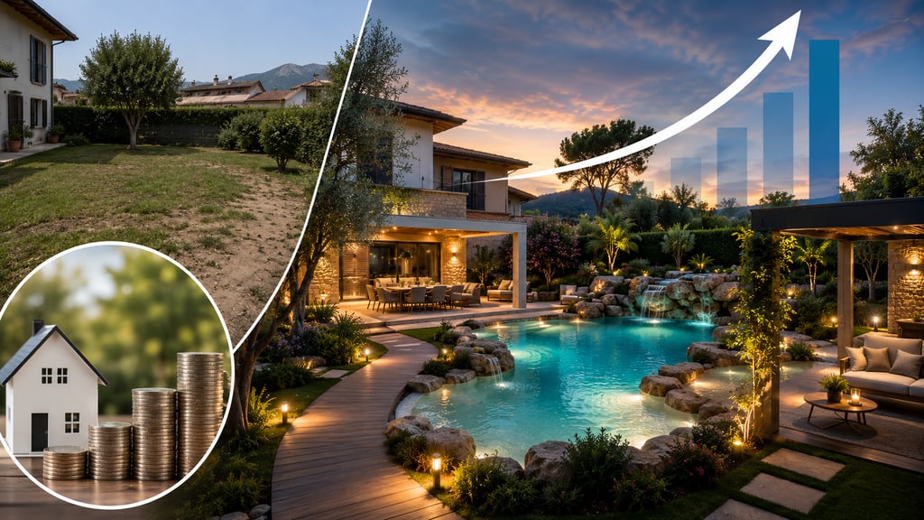 Villa con piscina naturale Rocks Design con spiaggia e cascata contornata da rocce