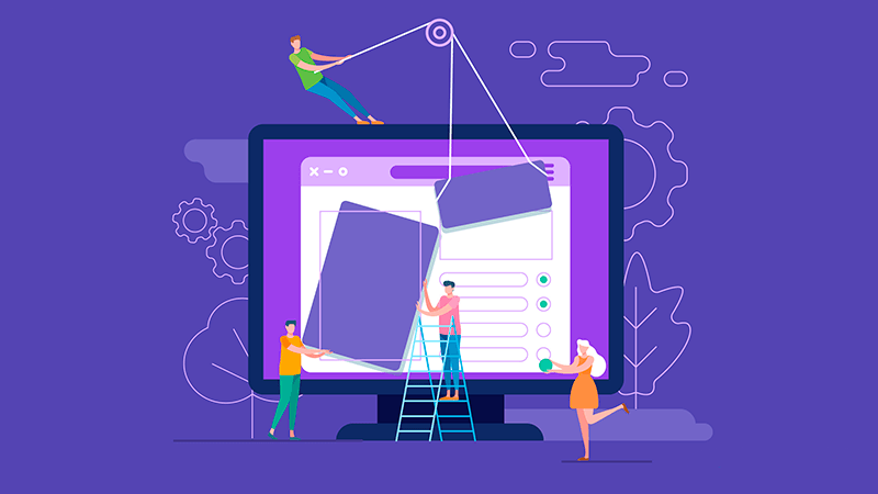 Ilustración de personas construyendo un sitio web con una laptop y herramientas digitales