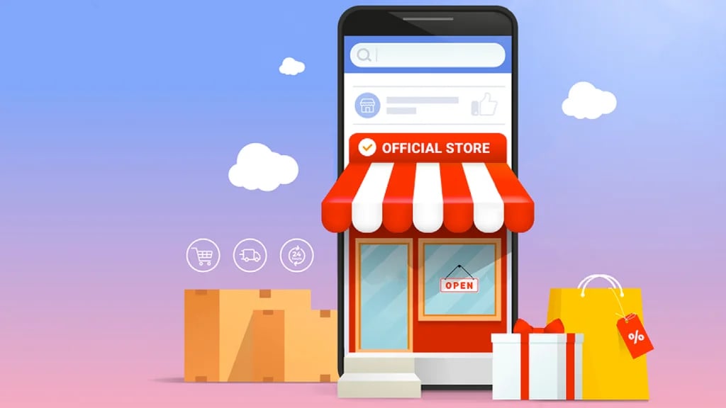 Tienda virtual con ícono de carrito de compras y teléfono mostrando una tienda online