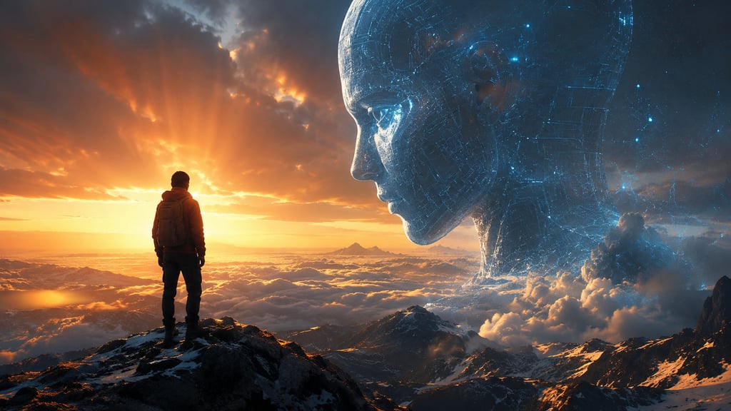 Un montañero hace cima al amanecer y en el cielo hay una cabeza holográfica tegnológica gigante.