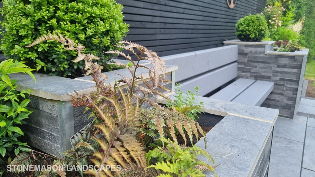 Ultra Modern Chic Dynamic Raised Split Face Planters Porcelain Patio & Bench