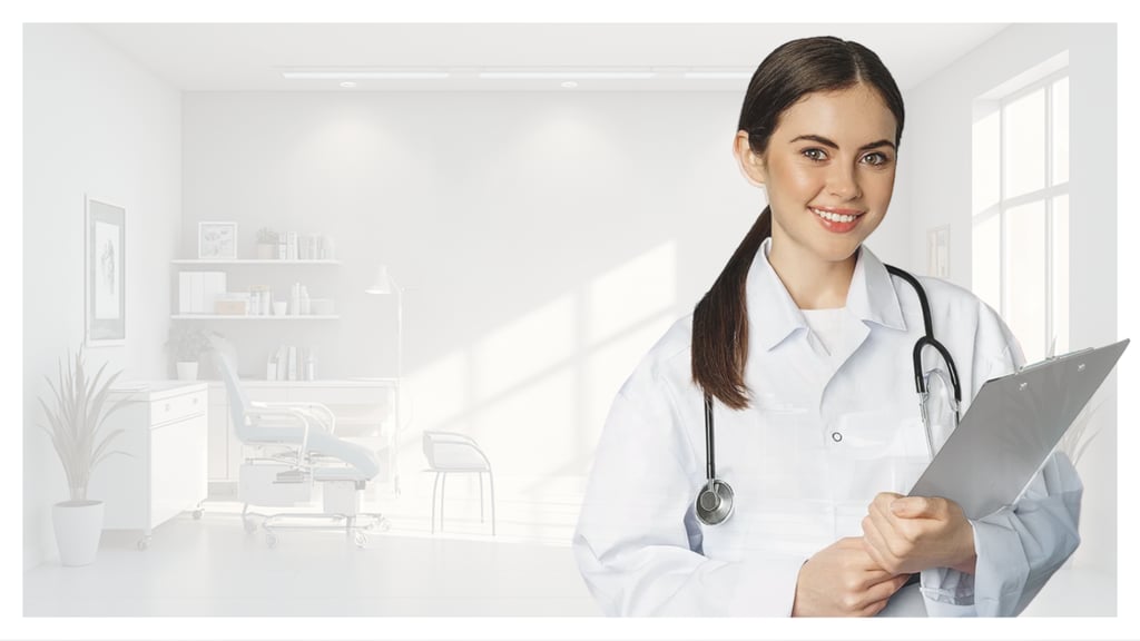 Smiling female doctor with stethoscope and clipboard in a bright modern medical office.