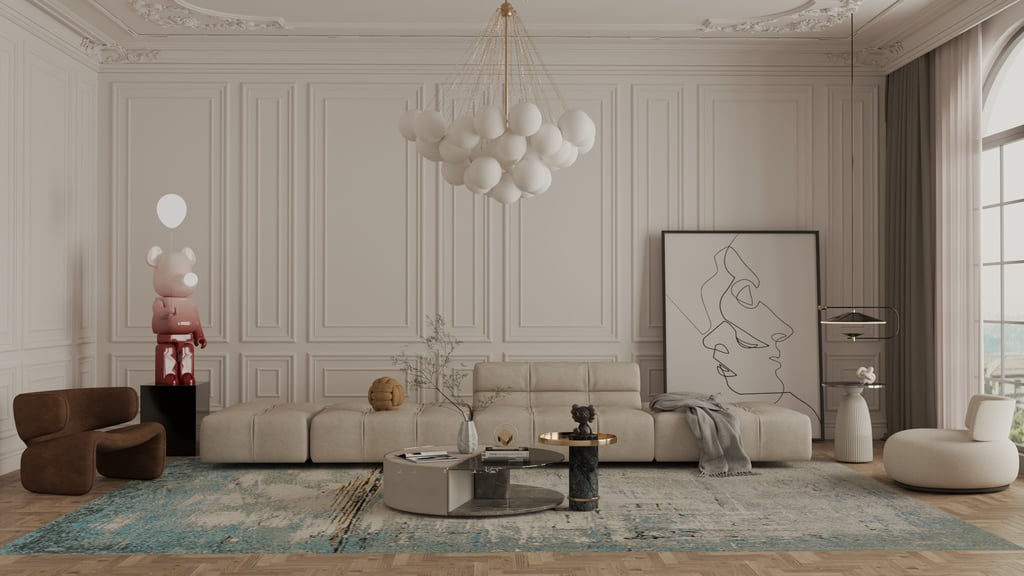 Render modern luxury living room with beige modular sofa, bubble chandelier, and minimalist art.