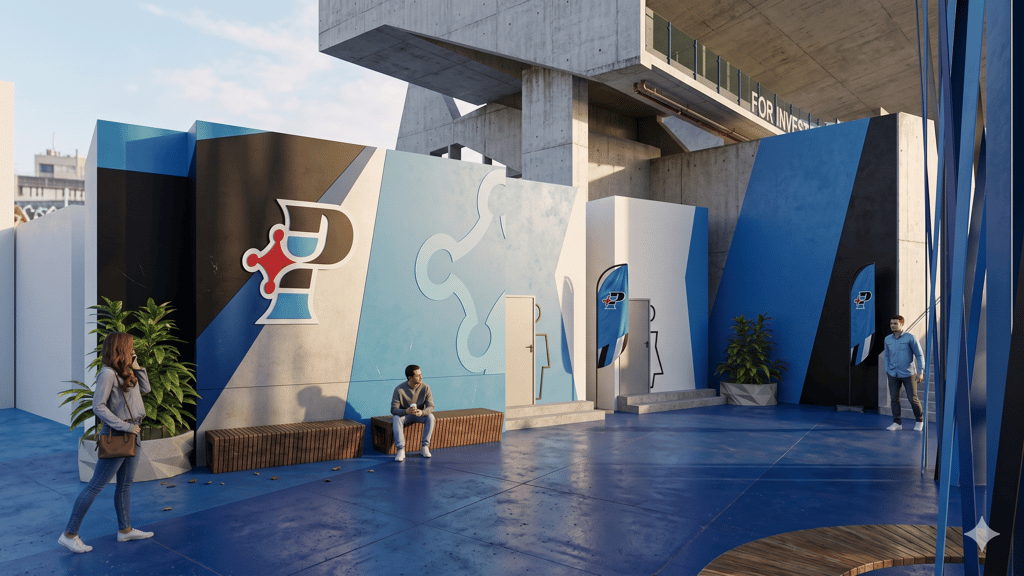 Modern blue outdoor event space with abstract logo walls and people sitting on wooden benches.