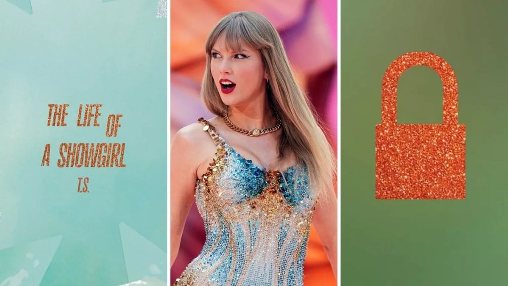 Três painéis: texto, Taylor Swift e um cadeado, simbolizando o relançamento de músicas.