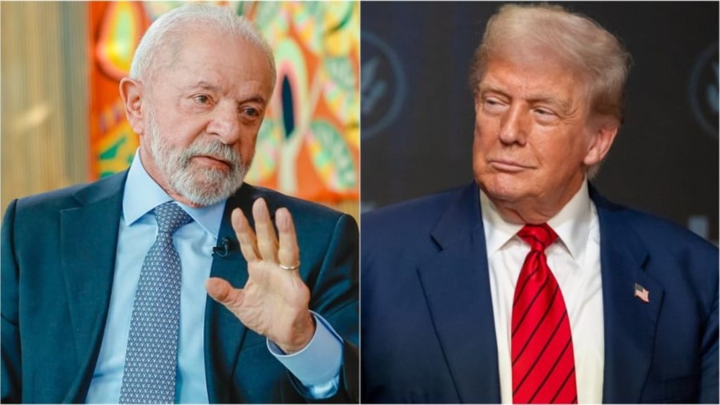  Divisão de imagem com Lula à esquerda e Donald Trump à direita, ambos de terno.
