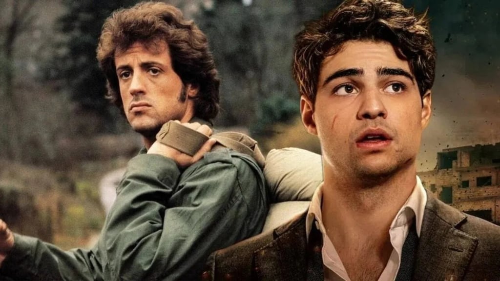 Sylvester Stallone jovem e Noah Centineo em uma montagem fotográfica de ação.