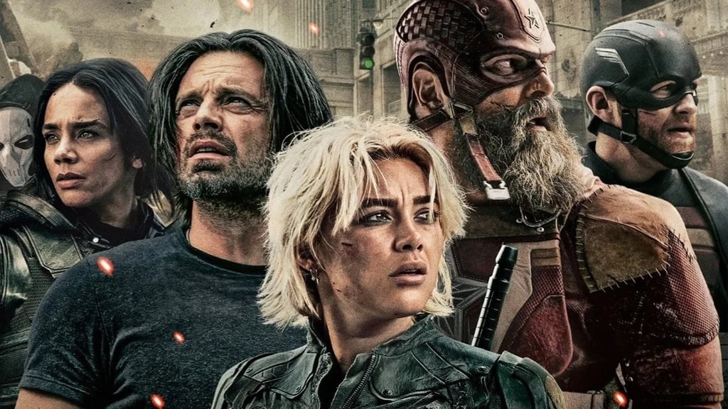 Parte do elenco de "Thunderbolts", olhando para o lado, com expressões tensas em meio à destruição.