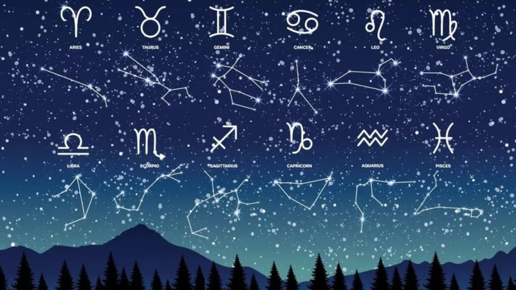 Ilustração de todas as constelações dos doze signos do zodíaco em uma noite estrelada.