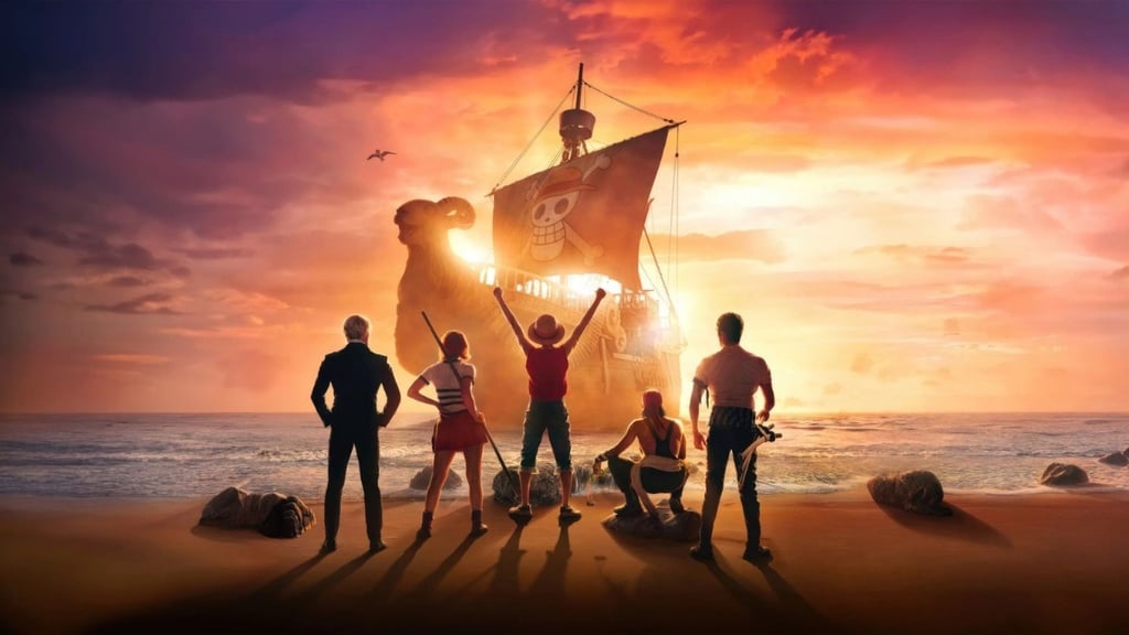 Personagens de One Piece de costas para a câmera, comemorando na praia ao pôr do sol.