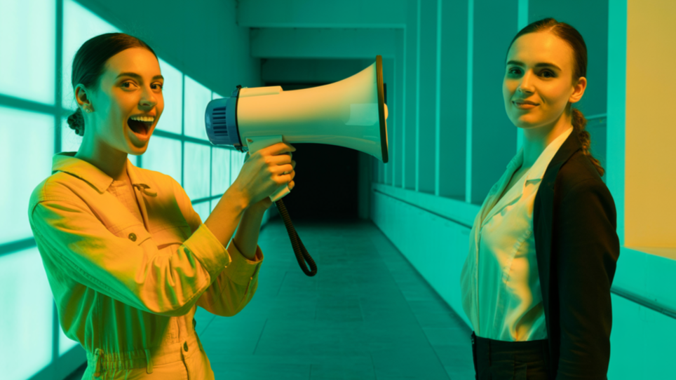 A woman using a megaphone to amplify her voice, representing audiobook narration and the AI vs human