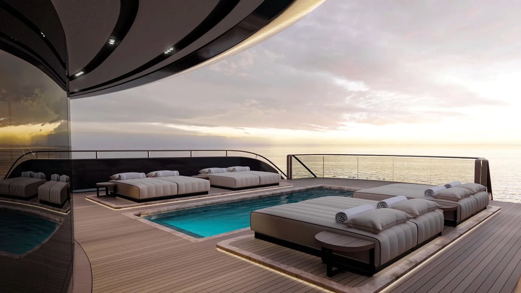 Luxury pool deck on Rise superyacht by Olesinski at sunset.