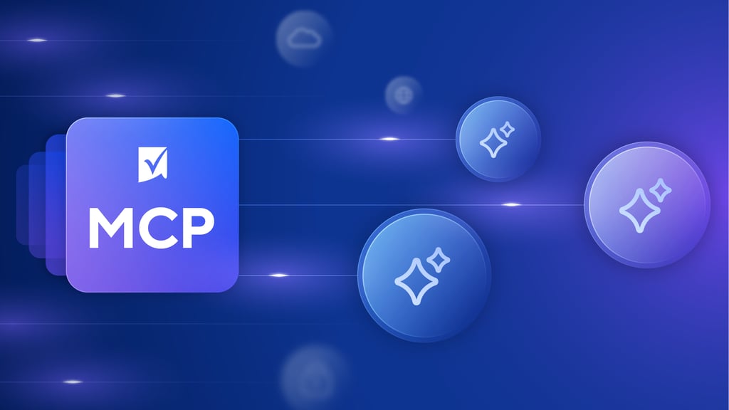 A blue digital graphic featuring the MCP logo and glowing star icons representing AI model context protocol technology.