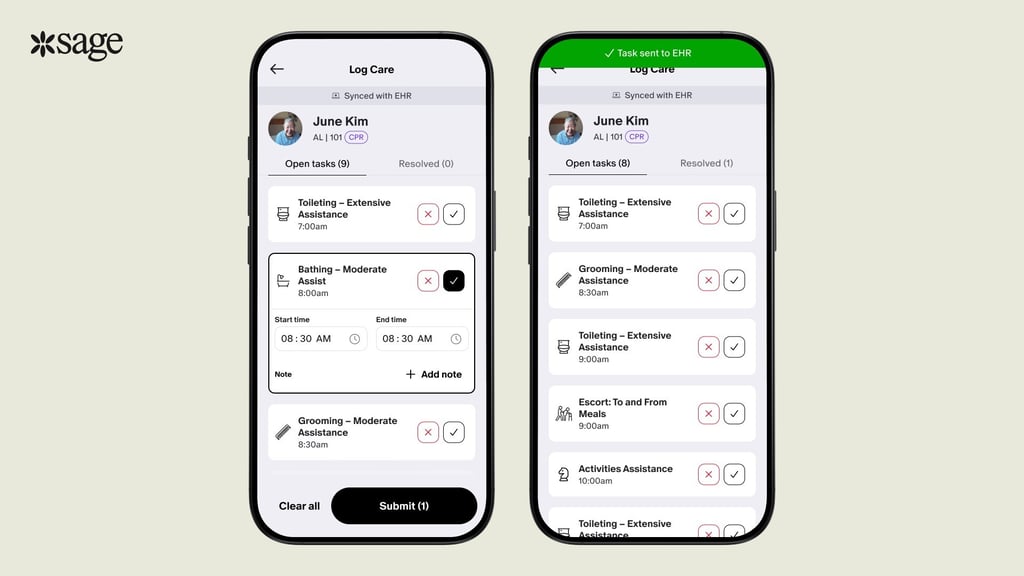 Sage healthcare mobile app interface showing digital care logs and task tracking for elderly patients.