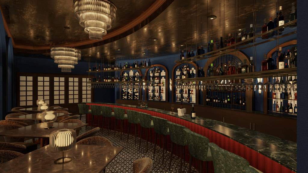 High-end Dubai bar interior with layered textures and bespoke lighting