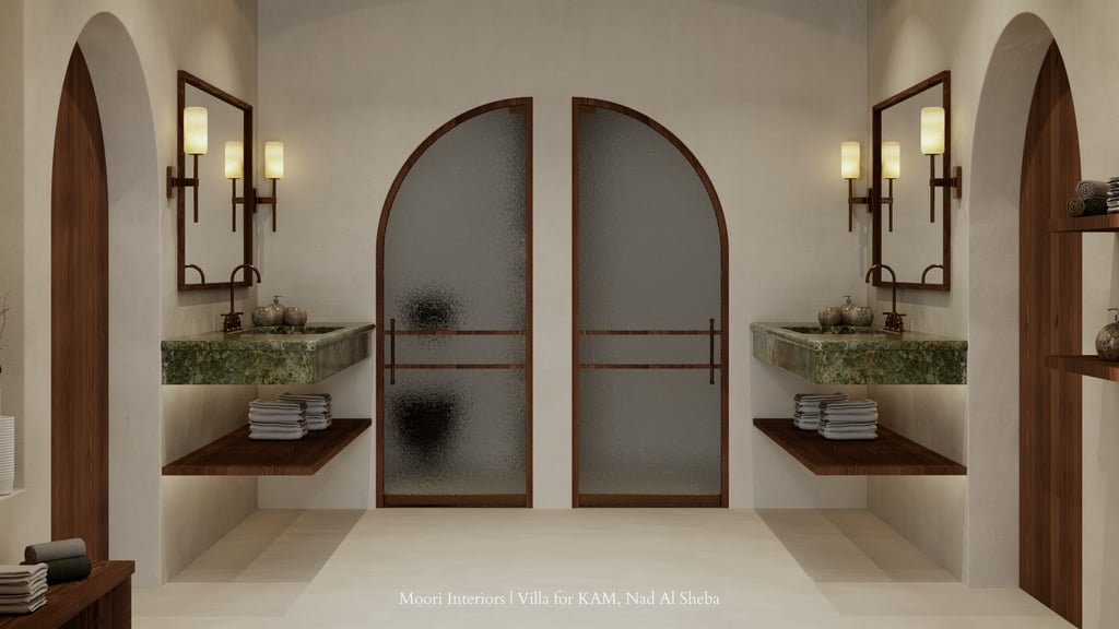  A Dubai bathroom interior showcasing arched wooden doors and unique stone sinks.