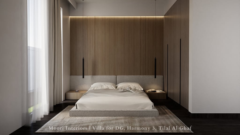 Modern bedroom with wood paneling, platform bed, and minimalist design.