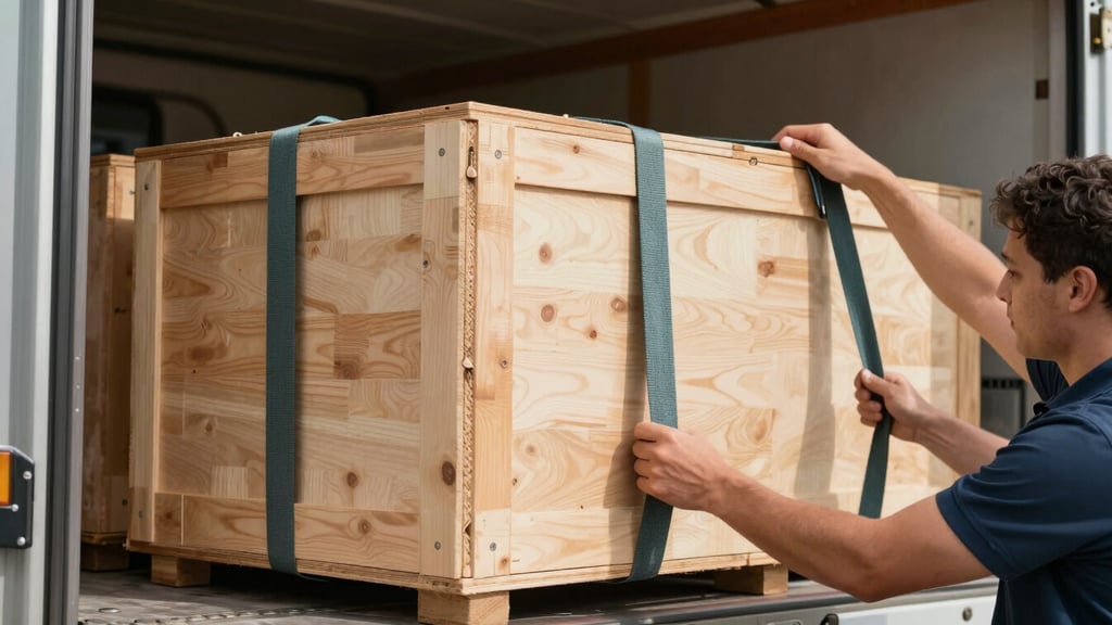 A close-up of professional logistics hands securing heavy-duty wooden crates with tension straps inside a cargo truck, bright daytime lighting