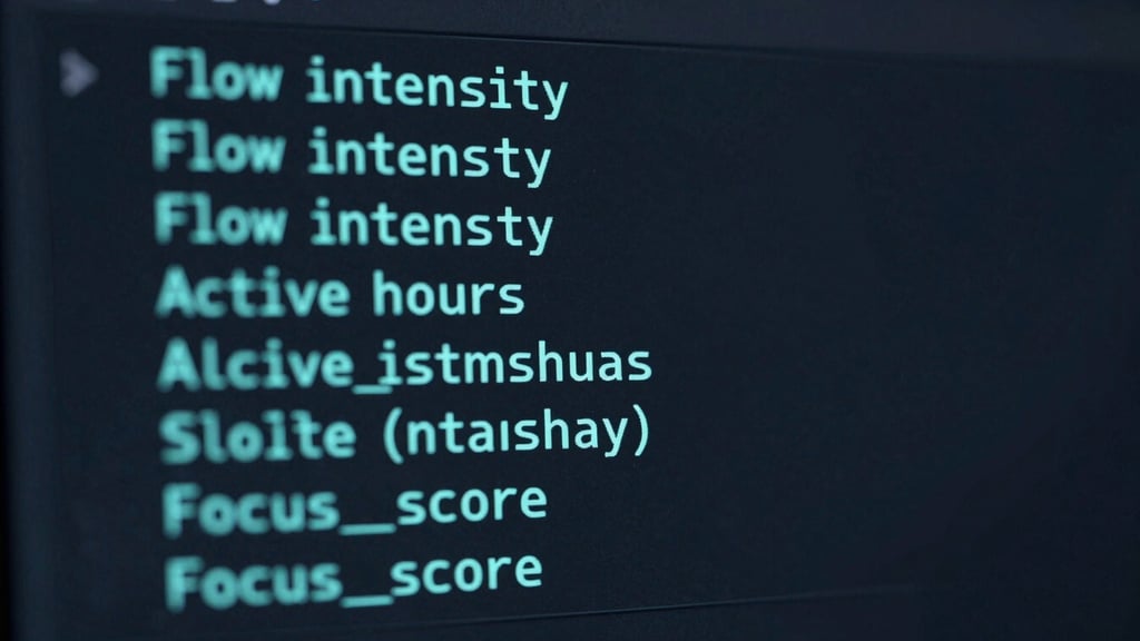 A dark terminal window showing a clean JSON API response with metrics like flow_intensity, active_hours, and focus_score in electric cyan monospace font, deep obsidian background, sharp UI