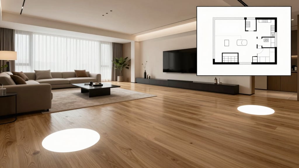 A wide 21:9 perspective of a luxury modern living room with a simulated 3D navigation overlay, clean white circular hotspots on the oak floor, and a minimalist floor plan inset in the corner.