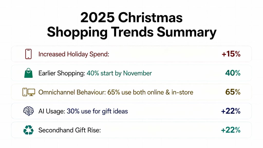 2025 Christmas shopping trends infographic showing rising spend, omnichannel habits and AI-powered