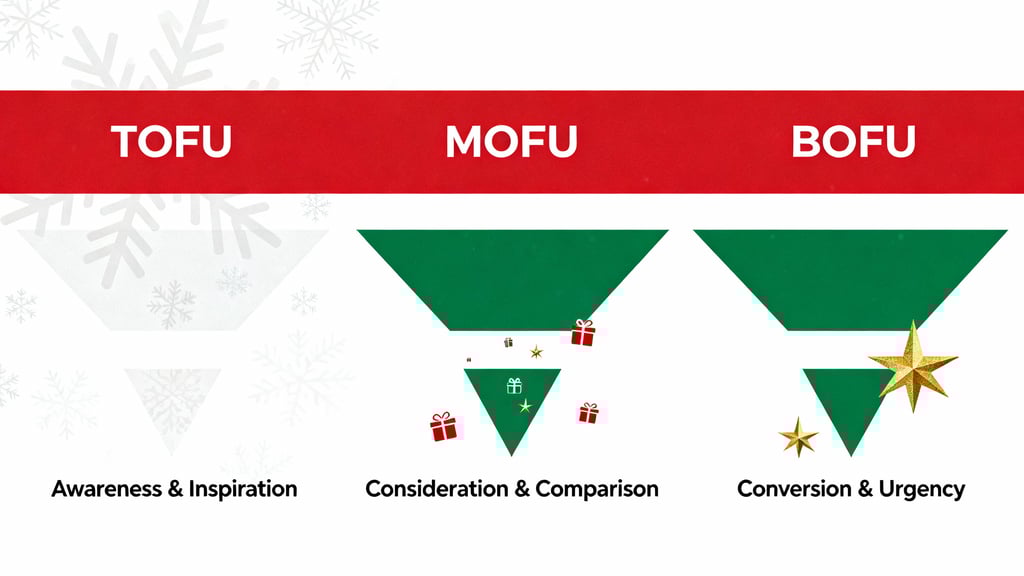 Christmas marketing funnel infographic showing TOFU, MOFU and BOFU stages from awareness to purchase
