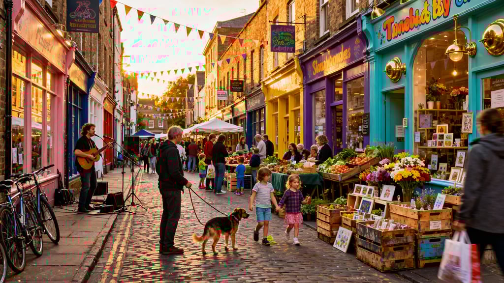 a man walking down a cobblestone street in a city
